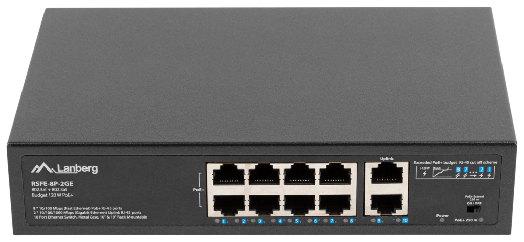 SWITCH LANBERG 8X 100MB POE+/2X 1GB NIEZARZĄDZALNY RACK 10”/19” GIGABIT ETHERNET 120W